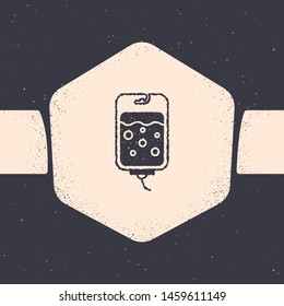 Grunge bag icon isolated on grey background. Blood bag icon. Donate blood concept. The concept of treatment and therapy, chemotherapy. Monochrome vintage drawing. Vector Illustration