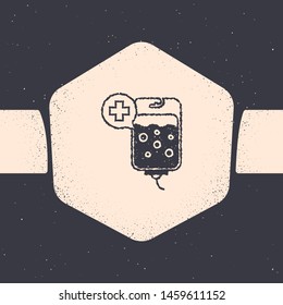 Grunge bag icon isolated on grey background. Blood bag icon. Donate blood concept. The concept of treatment and therapy, chemotherapy. Monochrome vintage drawing. Vector Illustration