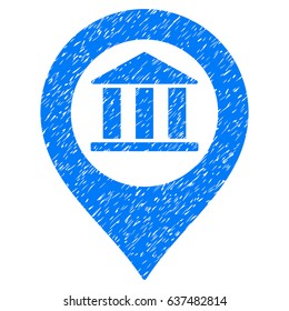 Grunge Bank Building Pointer icon with grunge design and dust texture. Unclean vector blue pictogram for rubber seal stamp imitations and watermarks. Draft sign symbol.
