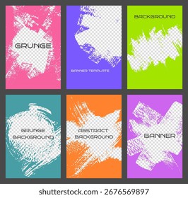 Planos de fundo de banner do Grunge. Layouts de quadro de cartaz com texturas de traçado de pincel, cenários de buraco artístico com traçados de pincel desenhados à mão. conjunto de modelos de vetor.