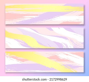 Textura de mancha de tinta de pancarta gruesa delicado conjunto pastel. Candy marshmallow pincel seco banner tarjeta de saludo y cabecera web de fondo. Colores morados de oro rosa plantilla de vacaciones de boda marco líquido aislado