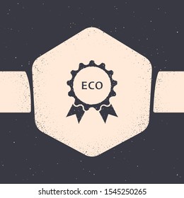 Grunge Banner, label, tag, logo for eco green healthy food icon isolated on grey background. Organic product. Healthy food sticker. Monochrome vintage drawing. Vector Illustration