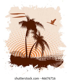 Grunge a banner with palm trees and a bird. Vector illustration