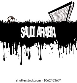 Grunge banner from splashes of watercolor ink and blots. Word Saudi Arabia with a soccer ball and gate on a white background. Vector illustration