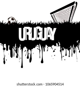 Grunge banner from splashes of watercolor ink and blots. Word Uruguay with a soccer ball and gate on a white background. Vector illustration