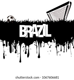 Grunge banner from splashes of watercolor ink and blots. Word Brazil with a soccer ball and gate on a white background. Vector illustration