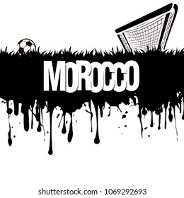 Grunge banner from splashes of watercolor ink and blots. Word Morocco with a soccer ball and gate on a white background. Vector illustration