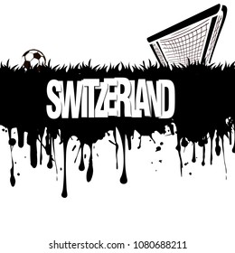 Grunge banner from splashes of watercolor ink and blots. Word Switzerland with a soccer ball and gate on a white background. Vector illustration