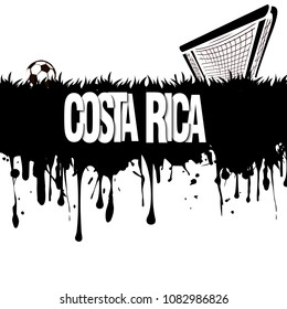 Grunge banner from splashes of watercolor ink and blots. Word Costa Rica with a soccer ball and gate on a white background. Vector illustration