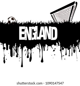 Grunge banner from splashes of watercolor ink and blots. Word England with a soccer ball and gate on a white background. Vector illustration