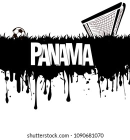 Grunge banner from splashes of watercolor ink and blots. Word Panama with a soccer ball and gate on a white background. Vector illustration