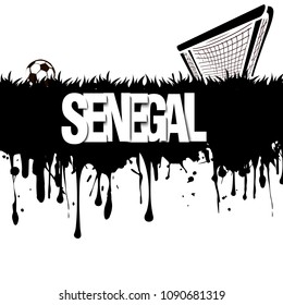 Grunge banner from splashes of watercolor ink and blots. Word Senegal with a soccer ball and gate on a white background. Vector illustration