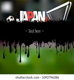 Grunge banner from splashes of watercolor ink and blots. Word Japan with a soccer ball and gate on a blurred background. Vector illustration