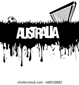 Grunge banner from splashes of watercolor ink and blots. Word Australia with a soccer ball and gate on a white background. Vector illustration