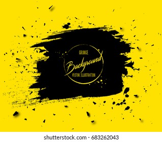 Grunge banner with stains, splashes, particles and drops of ink. Abstract black vector banner on yellow background with place for text.