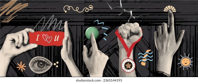 A grunge banner vector collage combines trendy dotted punk halftones with doodle elements like a hand holding a medal, an eye, an index finger pressing a button. modern advertising poster design.