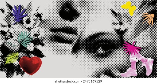 A grunge banner vector collage merges trendy dotted punk halftones with doodles, featuring a woman's eyes, lips, and nose, alongside elements like a flower bouquet and a red heart, a Y2K modern design