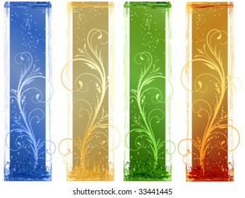 Grunge-Banner in 4 verschiedenen Farbschemas. Blumendesign-Elemente. Lineare Farbverläufe, globale Farben. Artwork gruppiert und überlegt.