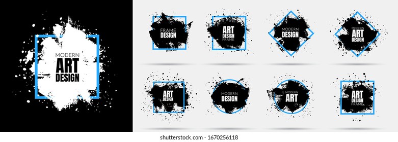 Grunge banners set. Black paint. Vector background for text. Brush ink stroke. Isolated square white frame. Element for design poster, cover, invitation, gift card, flyer, social media, promotion.