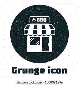 Grunge Barbecue shopping building or market store icon isolated on white background. BBQ grill party. Shop construction.  Vector Illustration