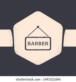 Grunge Barbershop icon isolated on grey background. Hairdresser logo or signboard. Monochrome vintage drawing. Vector Illustration