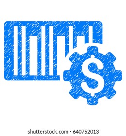 Grunge Barcode Price Setup icon with grunge design and unclean texture. Unclean vector blue pictogram for rubber seal stamp imitations and watermarks. Draft emblem symbol.