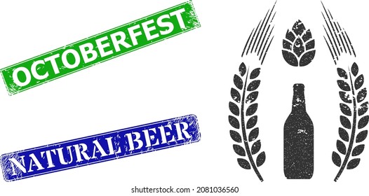 Grunge barley beer logo icon and rectangular textured Octoberfest seal stamp. Vector green Octoberfest and blue Natural Beer imprints with grunge rubber texture,