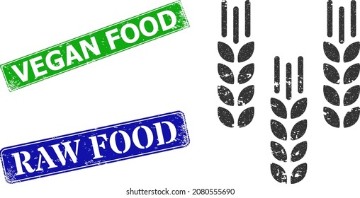 Grunge barley crop icon and rectangular dirty Vegan Food seal stamp. Vector green Vegan Food and blue Raw Food imprints with grunge rubber texture, designed for barley crop illustration.