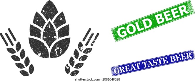 Grunge barley and hop icon and rectangle unclean Gold Beer seal stamp. Vector green Gold Beer and blue Great Taste Beer watermarks with unclean rubber texture,