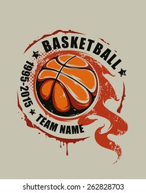 Grunge Basketball Emblem. Flaming Basketball Graffiti. Vector Art.