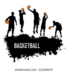 Grunge basketball poster with players silhouette, vector illustration  