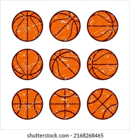 Grunge basketball. Set of orange distressed basket balls, in frontal, back view. Flat vector illustration, isolated elements on white background