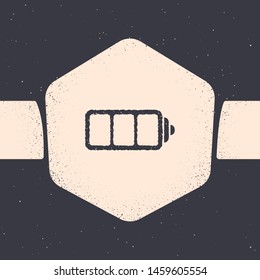 Grunge Battery charge level indicator icon isolated on grey background. Monochrome vintage drawing. Vector Illustration