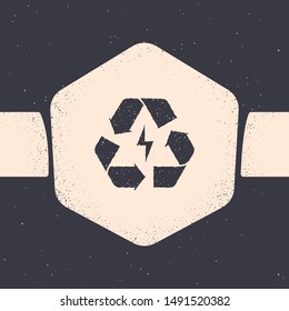 Grunge Battery with recycle symbol line icon isolated on grey background. Battery with recycling symbol - renewable energy concept. Monochrome vintage drawing. Vector Illustration