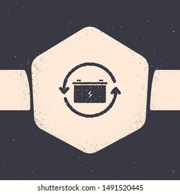 Grunge Battery with recycle symbol line icon isolated on grey background. Battery with recycling symbol - renewable energy concept. Monochrome vintage drawing. Vector Illustration