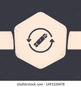 Grunge Battery with recycle symbol line icon isolated on grey background. Battery with recycling symbol - renewable energy concept. Monochrome vintage drawing. Vector Illustration