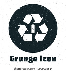 Grunge Battery with recycle symbol line icon isolated on white background. Battery with recycling symbol - renewable energy concept.  Vector Illustration
