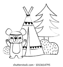 grunge bear animal with camp next to bush and pine tree