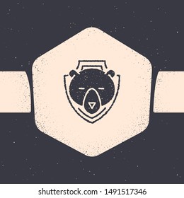 Grunge Bear head on shield icon isolated on grey background. Hunting trophy on wall. Monochrome vintage drawing. Vector Illustration