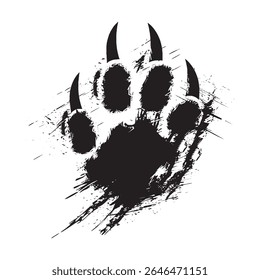 Impressão de pata de urso grunge com garras afiadas em estilo splatter de tinta preta isolado no fundo branco, esboço de pegada animal selvagem para tatuagem, design de t-shirt, arte tribal, conceito de sobrevivência selvagem