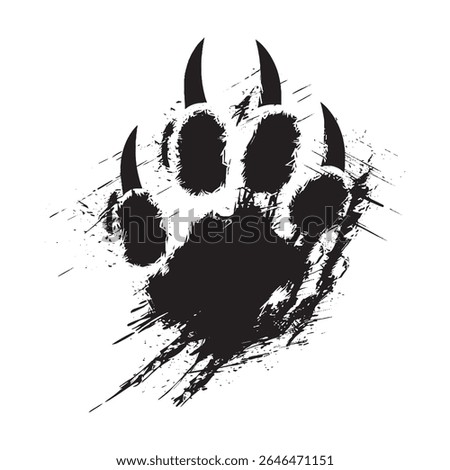 Grunge bear paw print with sharp claws in black ink splatter style isolated on white background, wild animal footprint sketch for tattoo, t-shirt design, tribal art, wilderness survival concept