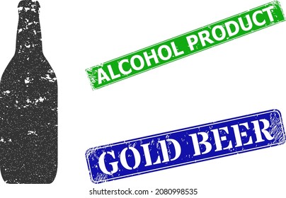 Grunge beer bottle icon and rectangle rubber Alcohol Product seal stamp. Vector green Alcohol Product and blue Gold Beer watermarks with grunge rubber texture,