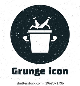 Grunge Beer bottles in ice bucket icon isolated on white background. Monochrome vintage drawing. Vector