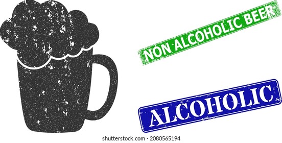 Grunge beer glass foam icon and rectangle rubber Non Alcoholic Beer stamp. Vector green Non Alcoholic Beer and blue Alcoholic seals with distress rubber texture,