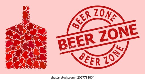 Grunge Beer Zone stamp seal, and red love heart mosaic for wide bottle. Red round stamp seal includes Beer Zone tag inside circle. Wide bottle mosaic is designed of red romance symbols.