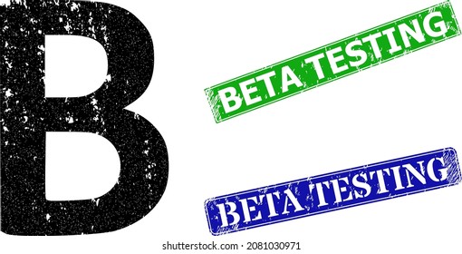 Grunge Beta Greek symbol icon and rectangle dirty Beta Testing stamp. Vector green Beta Testing and blue Beta Testing watermarks with grunge rubber texture,