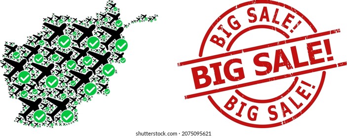 Grunge Big Sale seal, and accept airplane mosaic of Afghanistan map. Red round seal contains Big Sale title inside circle. Afghanistan map mosaic is created of accept airplane rotated parts.