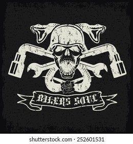 grunge biker theme label with pistons,flowers,snakes and skulls