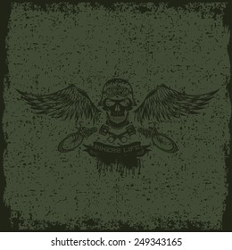 grunge biker theme labels with wheel,bike and skulls with wings
