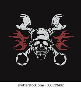 grunge bikers theme emblem with skull,flames and wrenches